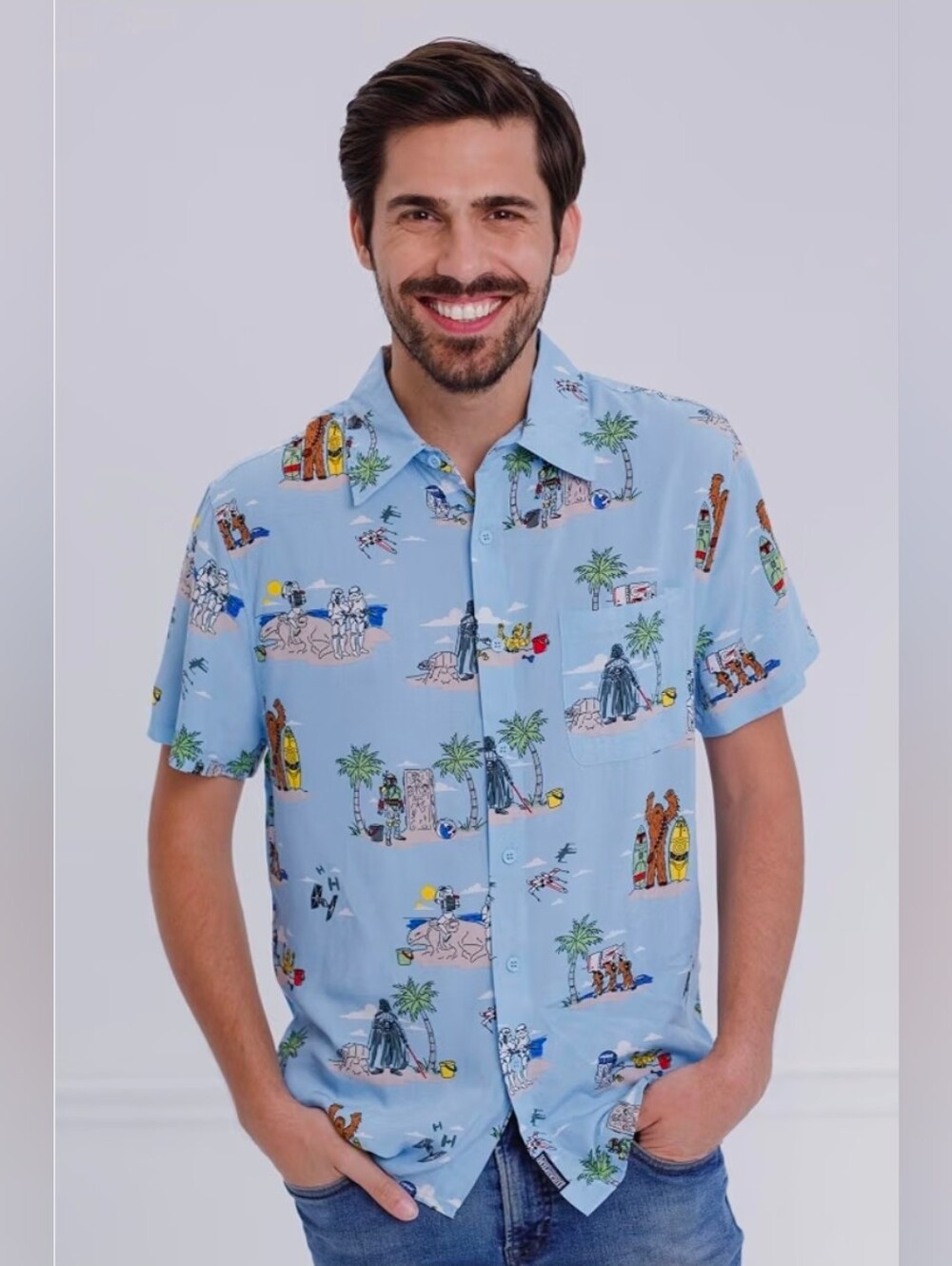 New Star Wars Hawaiian Button Down Shirt  Small Unisex Darth Chewbacca RS-D2 ...